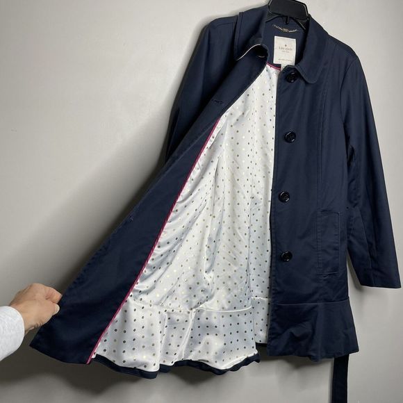 KATE SPADE Womens Blue Button-Front Ruffle-Trim Coat Medium M Lined Cotton-Blend - Picture 4 of 12